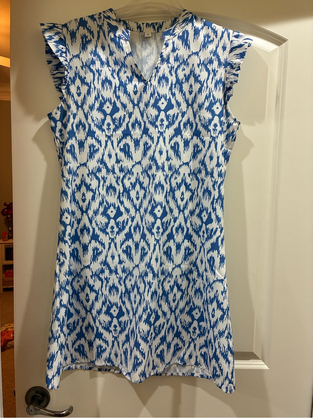 Blue and White Ikat Print Sleeveless Tunic Dress